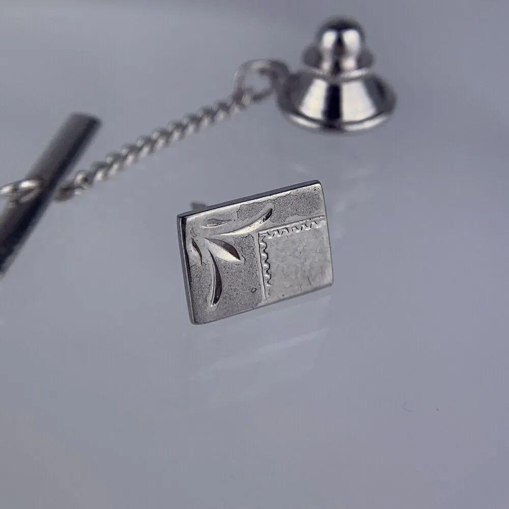 Square Simple Sterling Silver Tie Tack Pin Carved Brushed Metal Marked Vintage